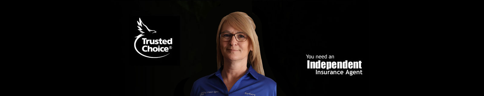 A confident woman with blonde hair wearing a blue shirt, accompanied by branding elements on a dark background.