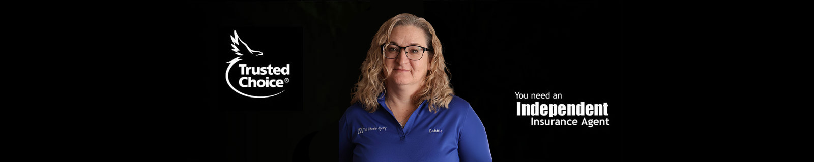 A smiling woman with wavy hair, wearing a blue shirt and glasses, poses against a black background, with a logo and text beside her.